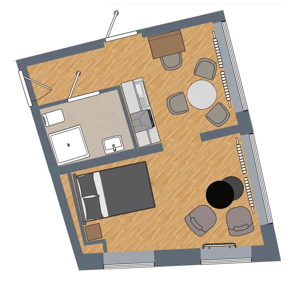 Spacious floor plan with private bathroom and kitchen in the N°8A Boardinghouse Lüneburg 