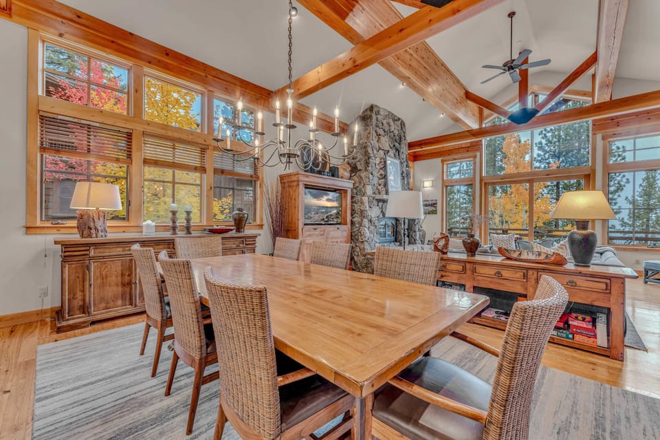 Dining Room: 8-person dining table, adjacent to the kitchen and living room