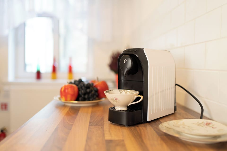 kitchen equipment with a modern coffee maker and pods provided 