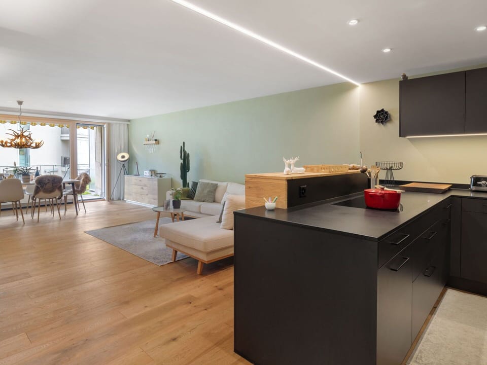 Interior Design, Furniture, Flooring, Wall, Floor, Wood, Ceiling, Light Fixture, Countertop, Kitchen