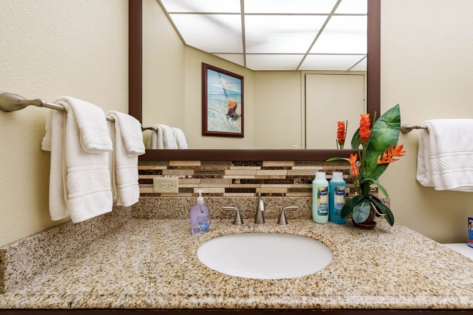 Spacious vanity with granite counters and full mirror.