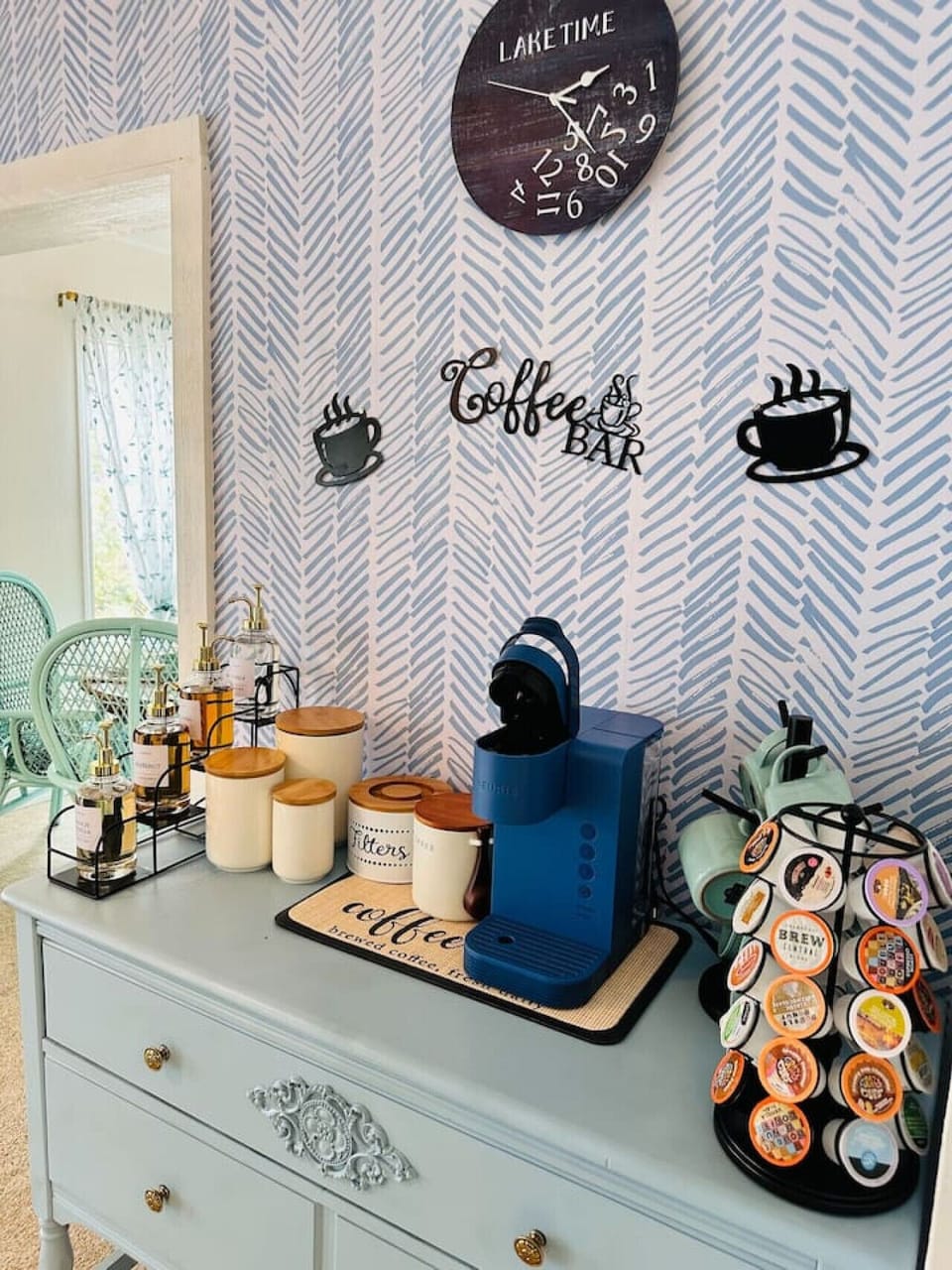 Enjoy a variety of coffee options with our fully stocked coffee bar, complete with a K-cup organizer and delightful syrups.