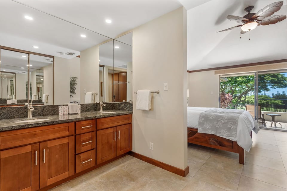 Shower, double sink, toilet