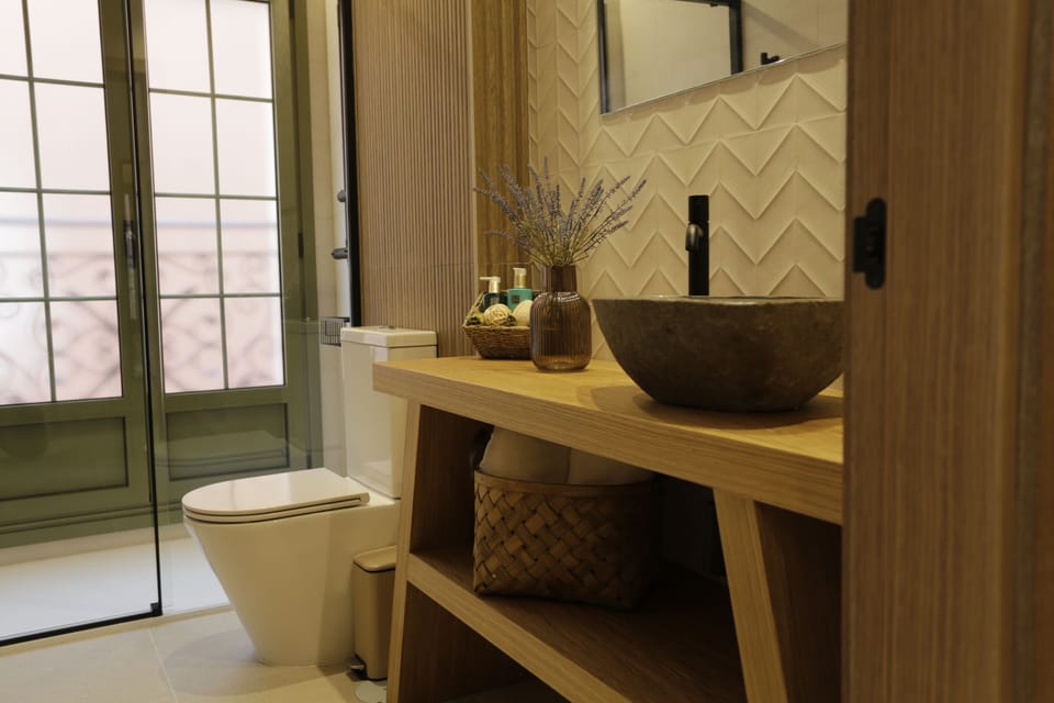 Hair dryer, slippers, towels, soap