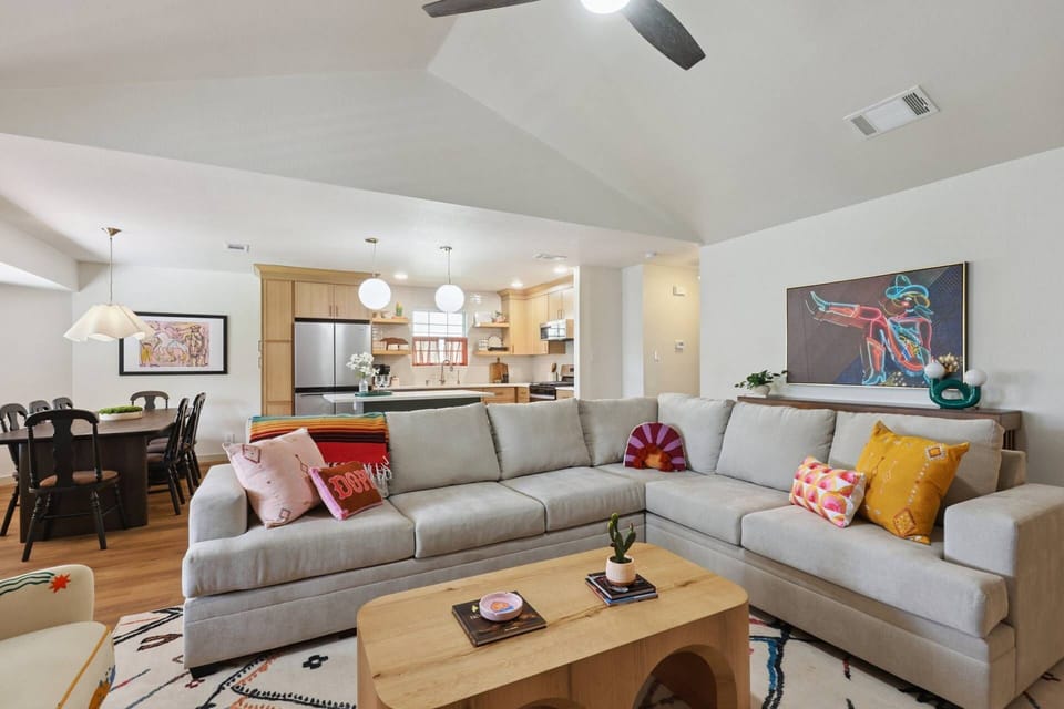 Open concept kitchen, dining room and living room