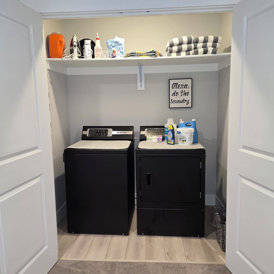 Laundry Area - Speed Queen Machines. Hot tub towels, Laundry Supplies. Iron +