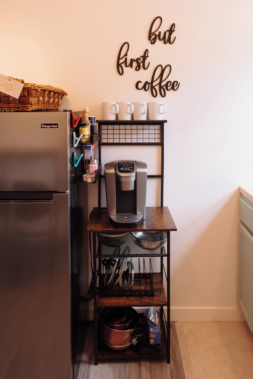 Stocked coffee bar with a variety of coffee pods, creamers, and sugar.