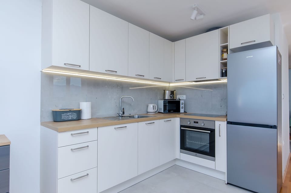 Apartment (A1) | Private kitchen | Fridge, microwave, oven, stovetop