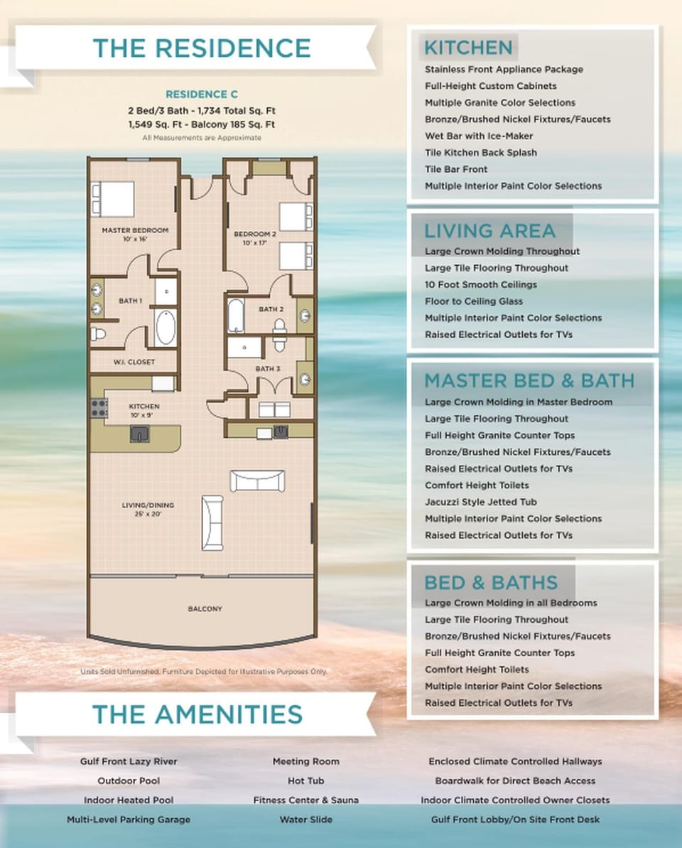 Explore this spacious 2 bedroom layout with 3 baths, laundry closet, and balcony on the beach
