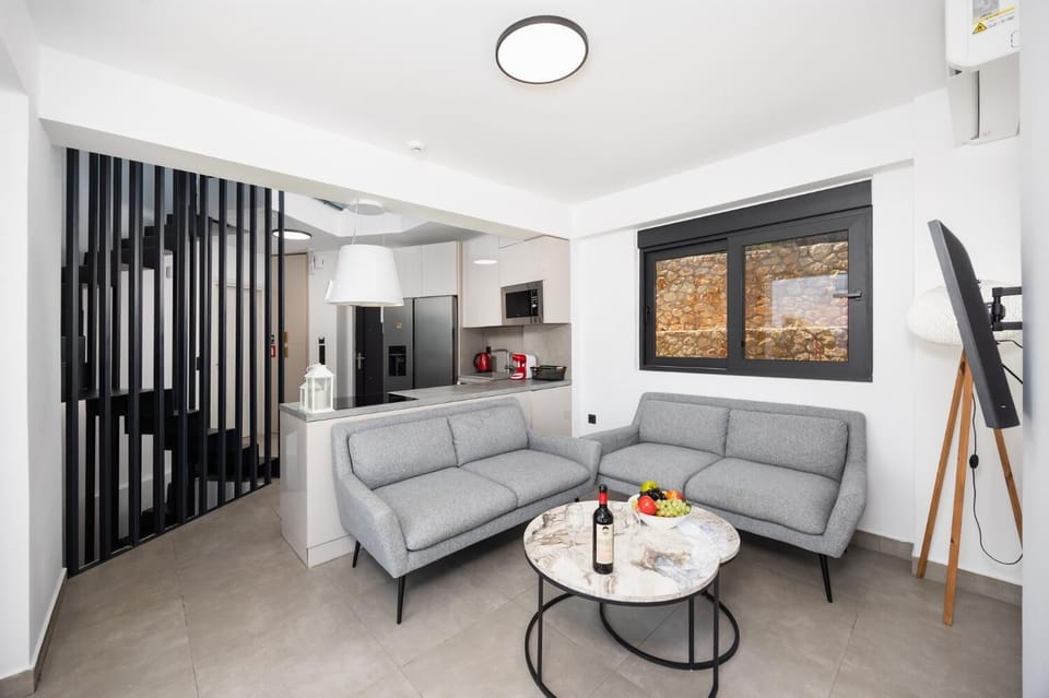 Open-plan living room with sofa, kitchen, A/C, WiFi internet, and satellite TV