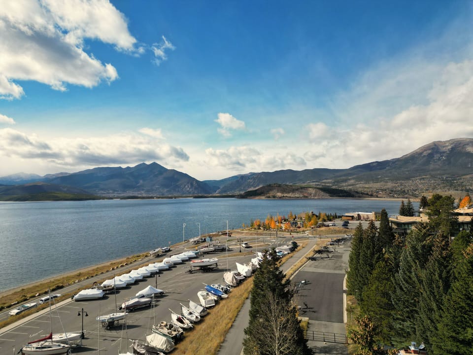 Beautiful aerial view of Lake Dillon and Summit County mountains.