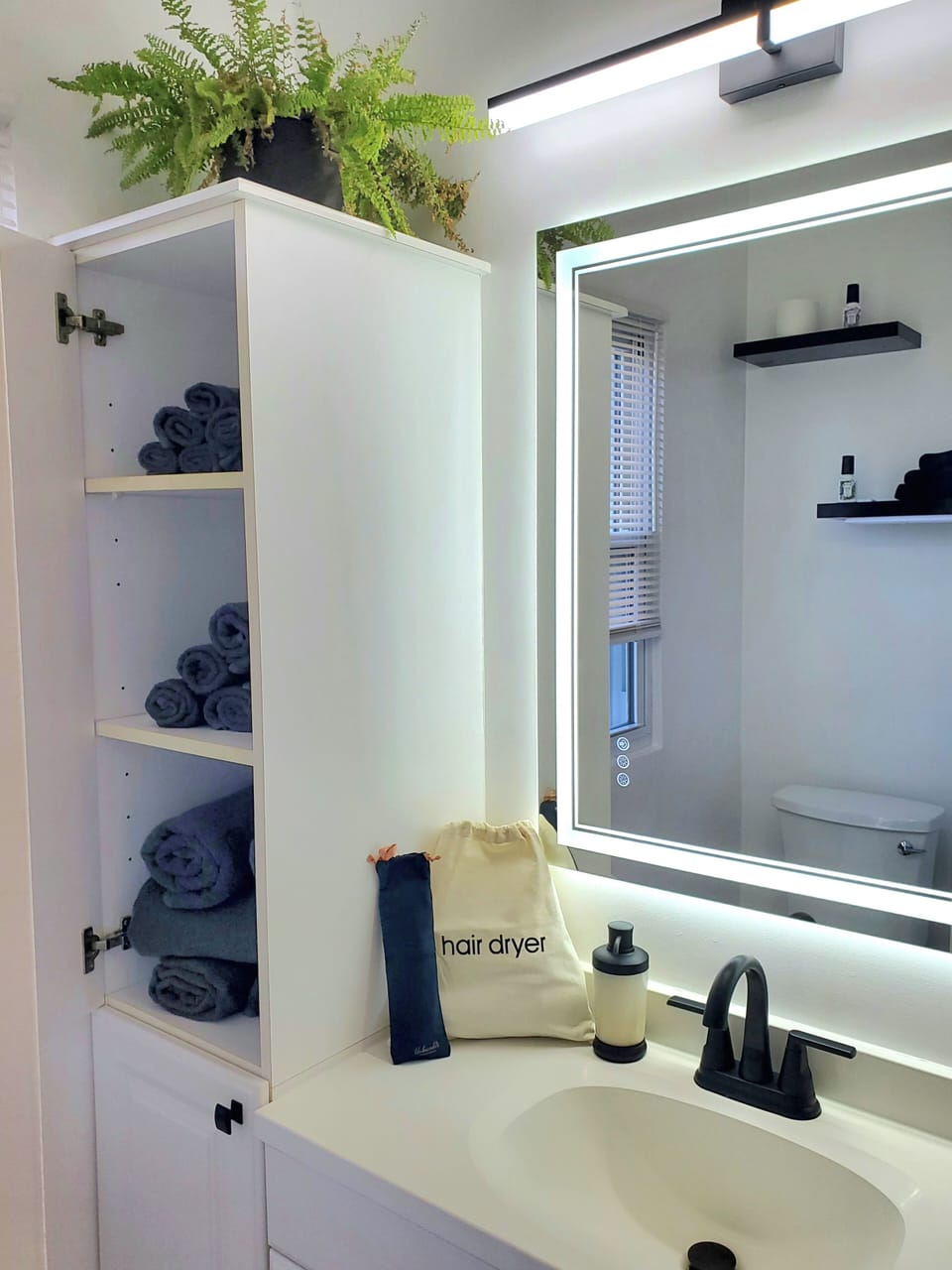 Mirror with Defog Button, Front and Back Light, Hair Dryer, Flat Iron and Towels