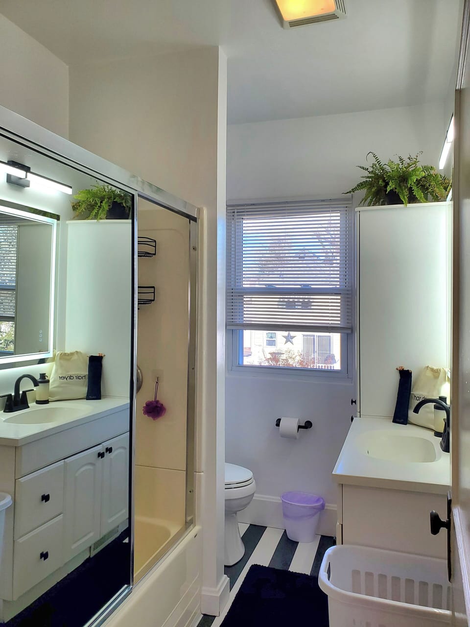 Mirror with Defog Button, Front and Back Light, Hair Dryer, Flat Iron and Towels