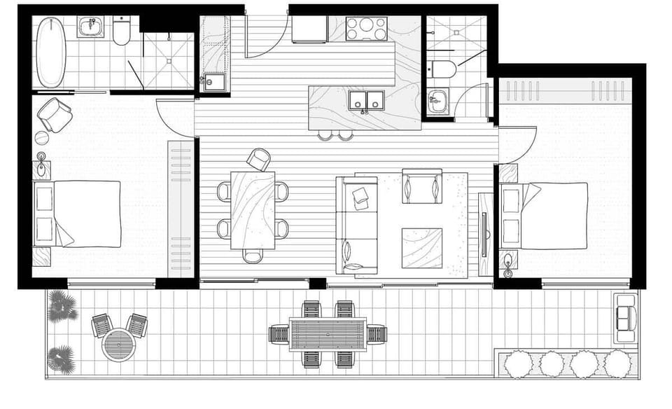Floorplan, please note some furniture is in different locations and there is also no more garden bed outside the master bedroom and not paving.