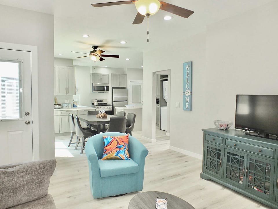 Living, dining, and kitchen area