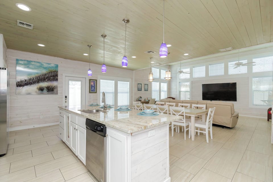 Kitchen, Dining, and Living