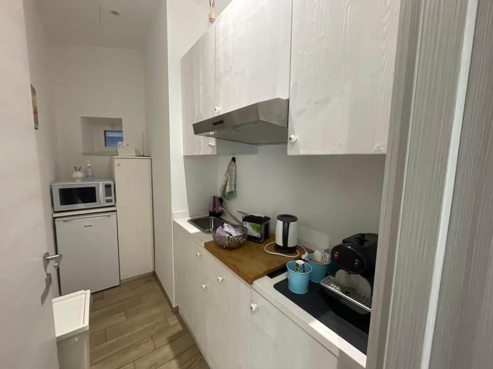Full-size fridge, microwave, espresso maker, electric kettle