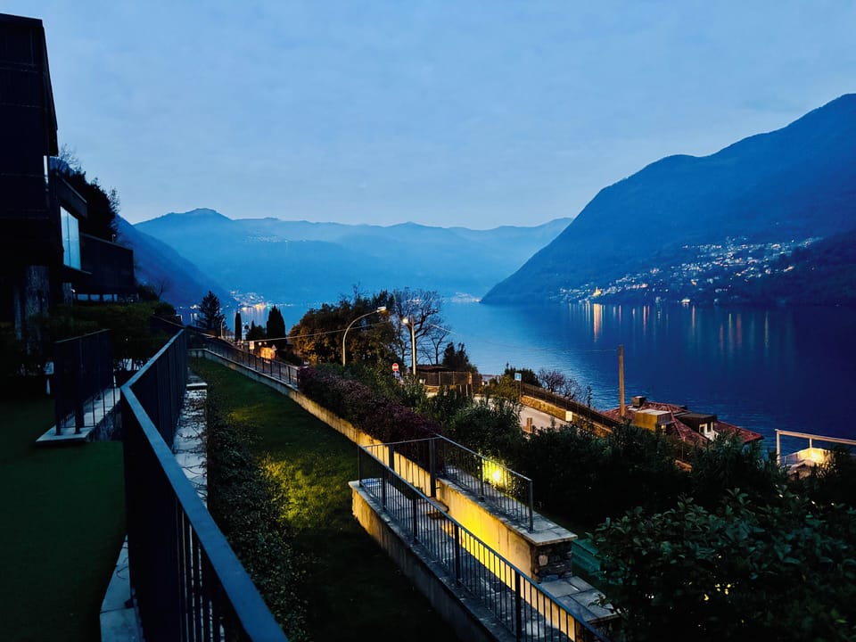 The view at dusk as seen from your garden in winter.
