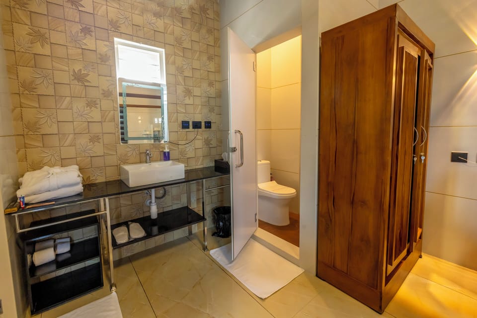 Shower, rainfall showerhead, slippers, bidet
