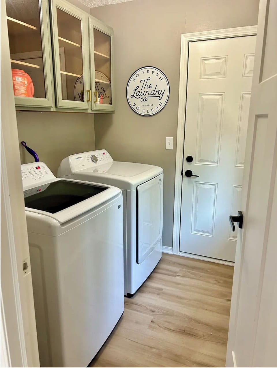 Laundry room-free tide pods, fabric softener sheets, bleach, and stain remover!