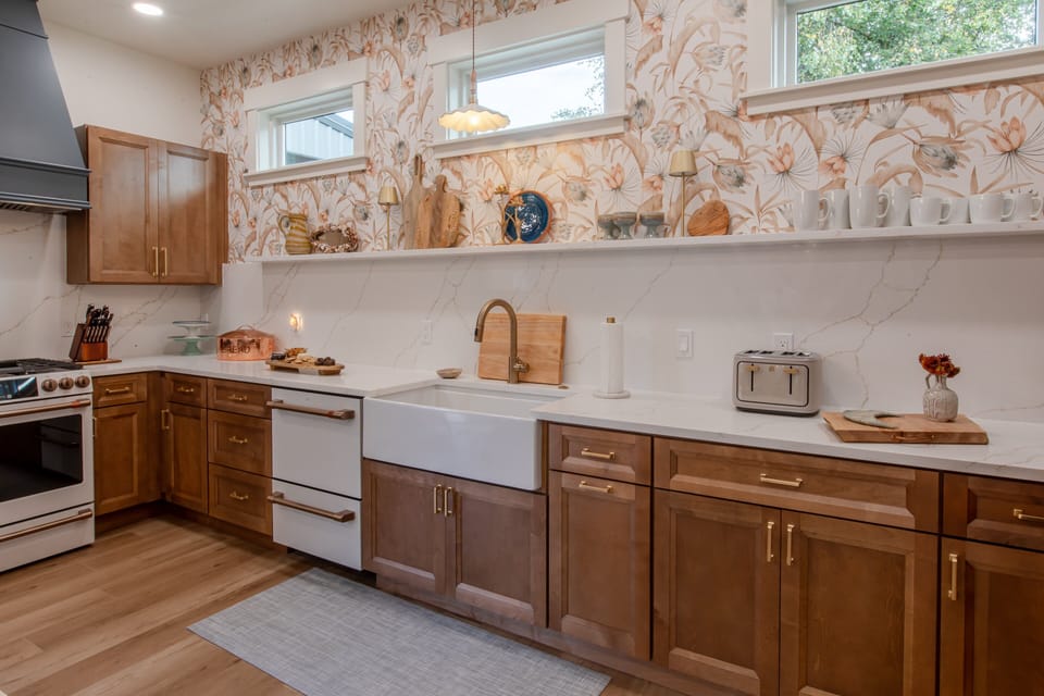 The farm sink provides ample space for washing veggies and dishes