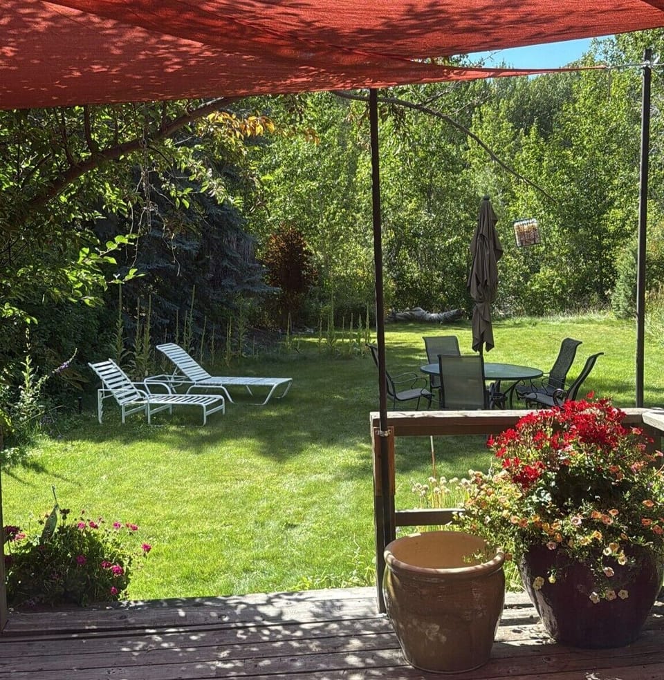 A beautiful backyard with a path through the trees to the Bigwood River