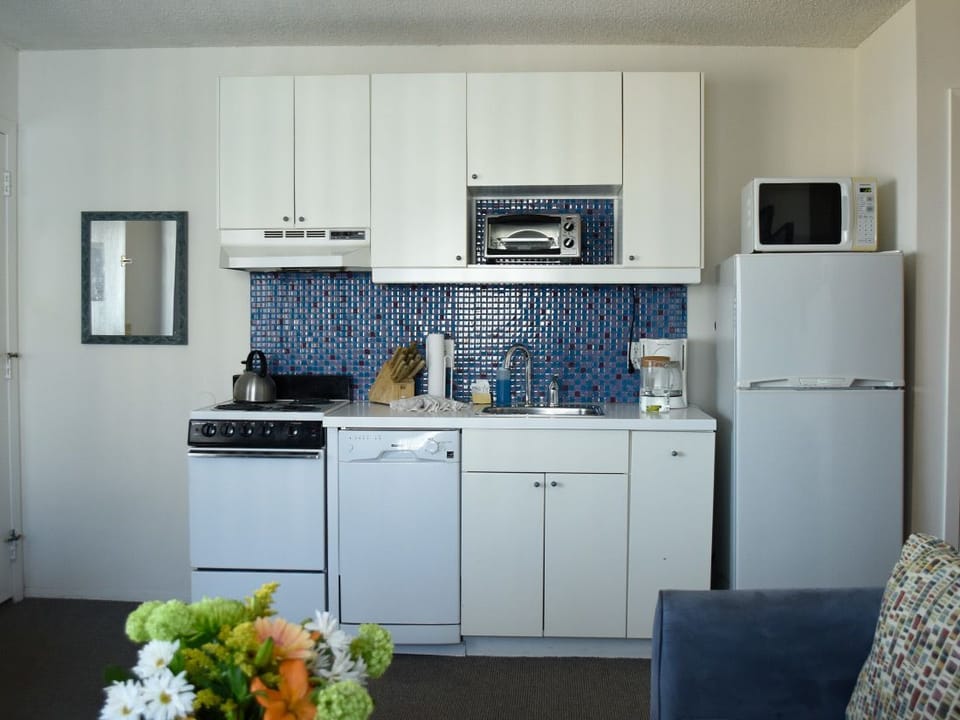 Fridge, microwave, stovetop