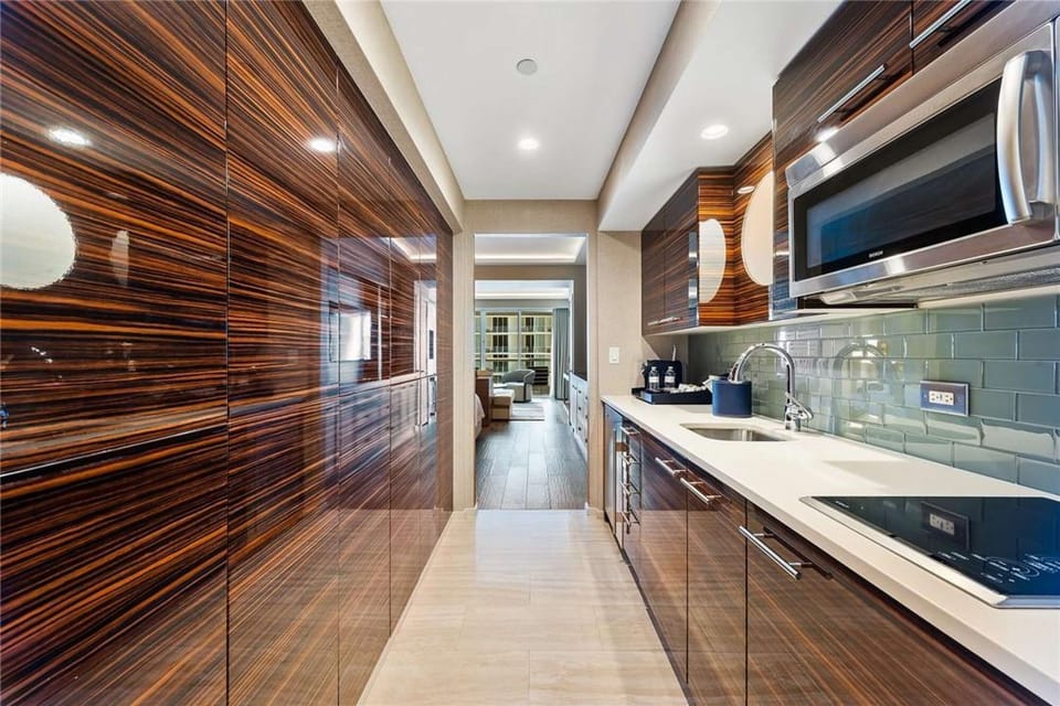 Sleek, modern hotel kitchenette.