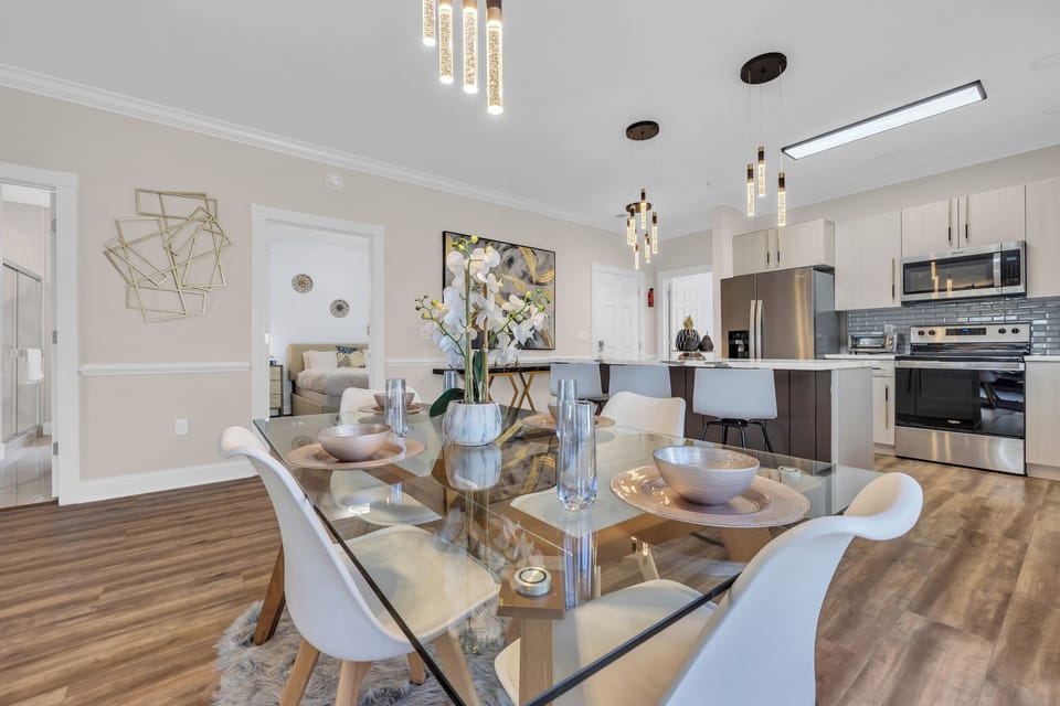 Airy and bright, the dining area is a cheerful space to start or end your day.