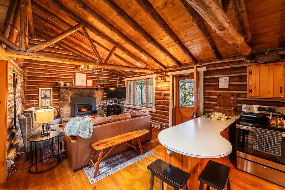 Rustic charm meets modern comfort — enjoy the stone fireplace, open kitchen, and warm log cabin vibes.