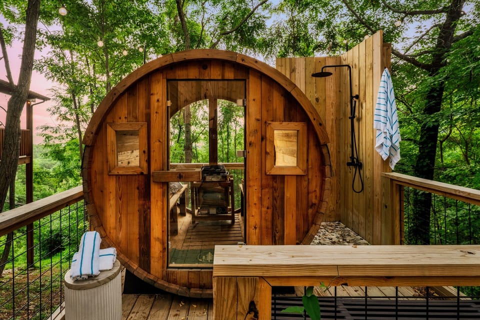 Step inside your private Scandanavian-style barrel Sauna for a warm, soothing escape overlooking the great outdoors. It has an outdoor shower for ultimate relaxation.