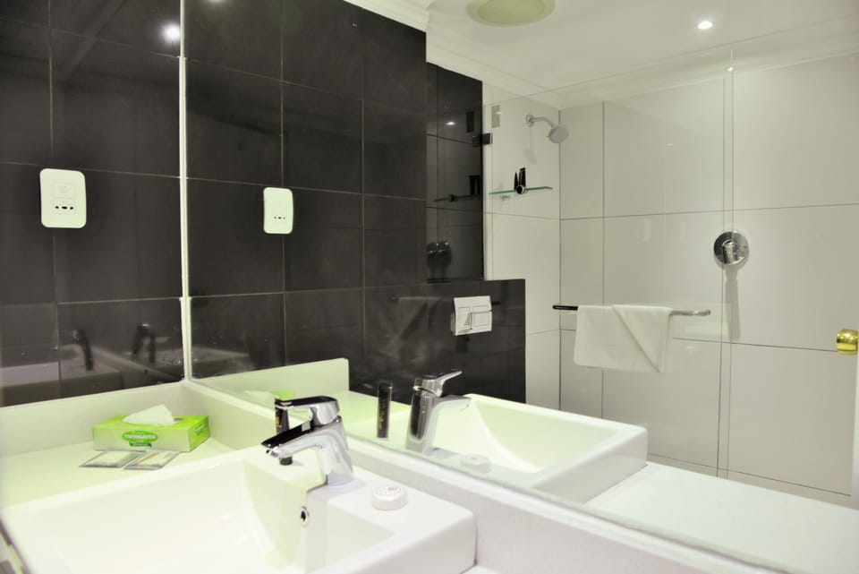 Separate tub and shower, free toiletries, hair dryer, towels