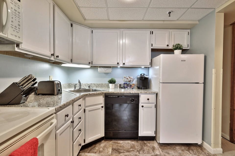 A full kitchen puts the refrigerator, dishwasher, sink, and counter space together in one compact work area.