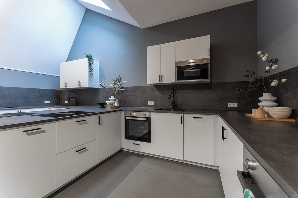 A sleek, modern kitchen showcasing white cabinetry and dark countertops, complemented by stainless steel appliances and subtle greenery for a touch of freshness.