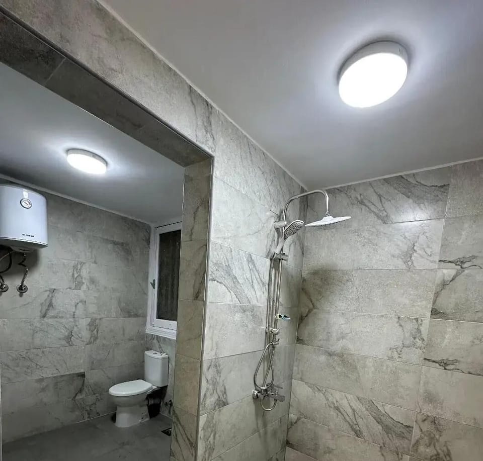 Shower, hair dryer, soap, shampoo