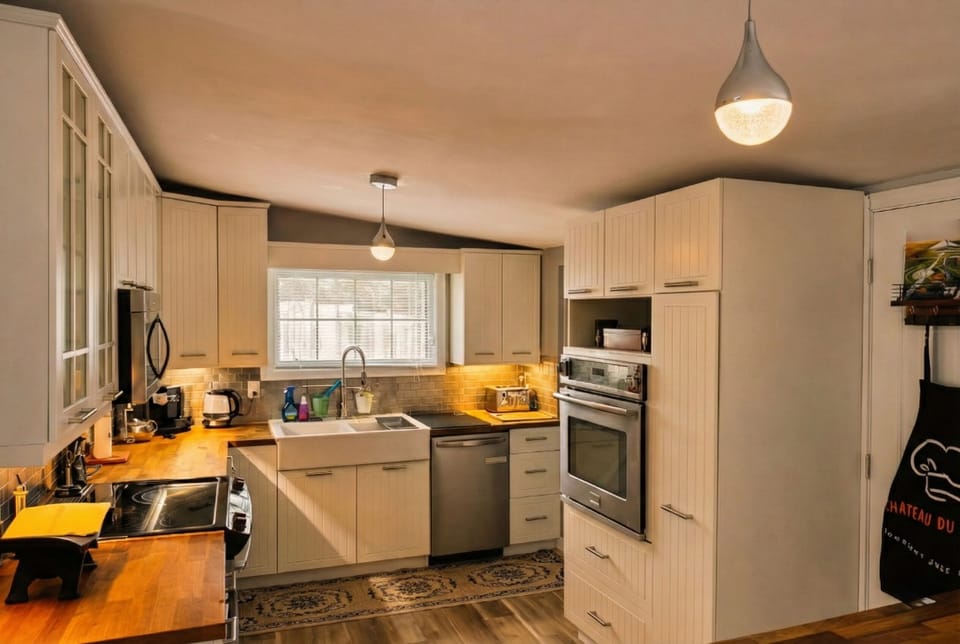 Bright kitchen and dining with full setup,coffee station, dishwasher.