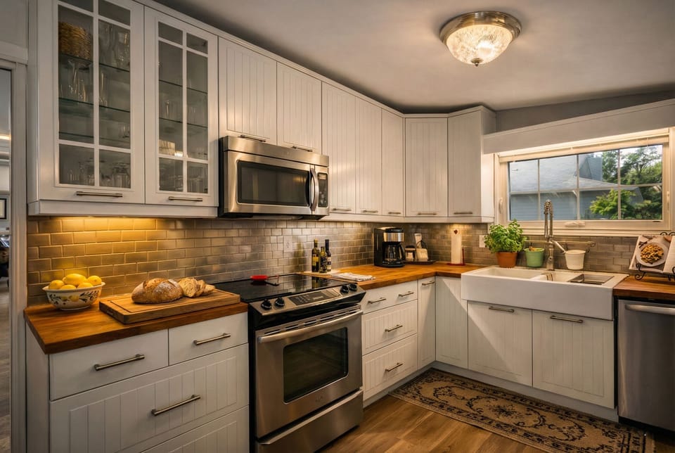 Spacious kitchen with double ovens, large fridge, spices, cookware, wine glasses