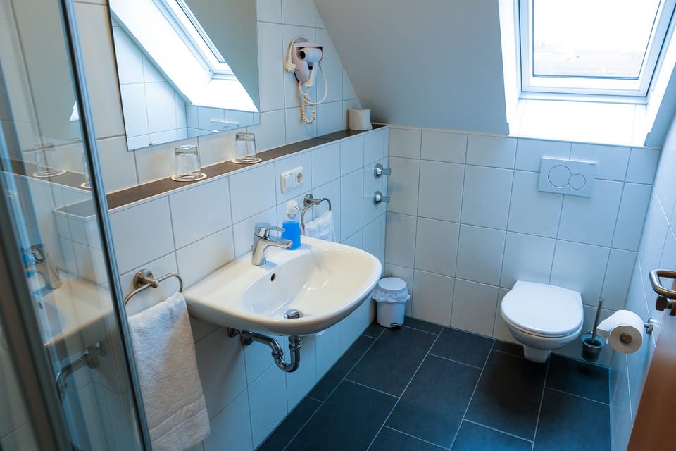 Comfort Double Room | Bathroom | Shower, hair dryer, towels