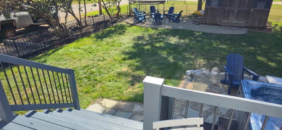 Enjoy corn hole or croquet in the backyard-games stocked in the shed