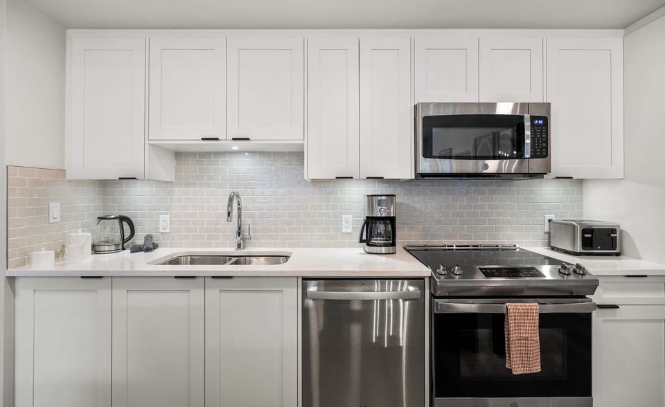 Kitchen with drip coffee and and tea kettle