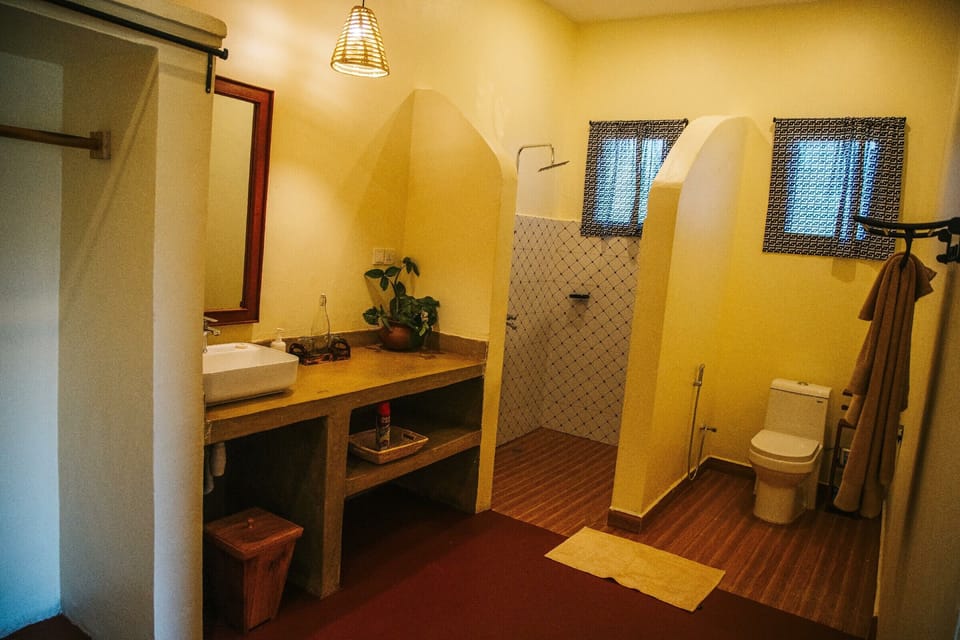 Shower, slippers, towels, soap