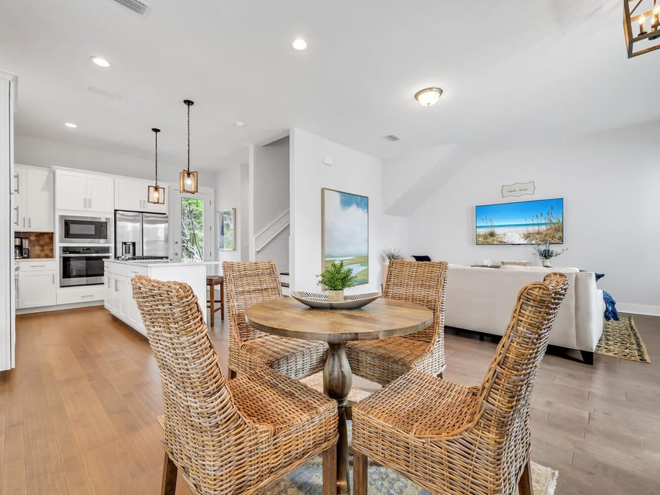 We have an open-concept kitchen, dining, and living area with a smart TV and plenty of board games and books to keep our guests entertained!