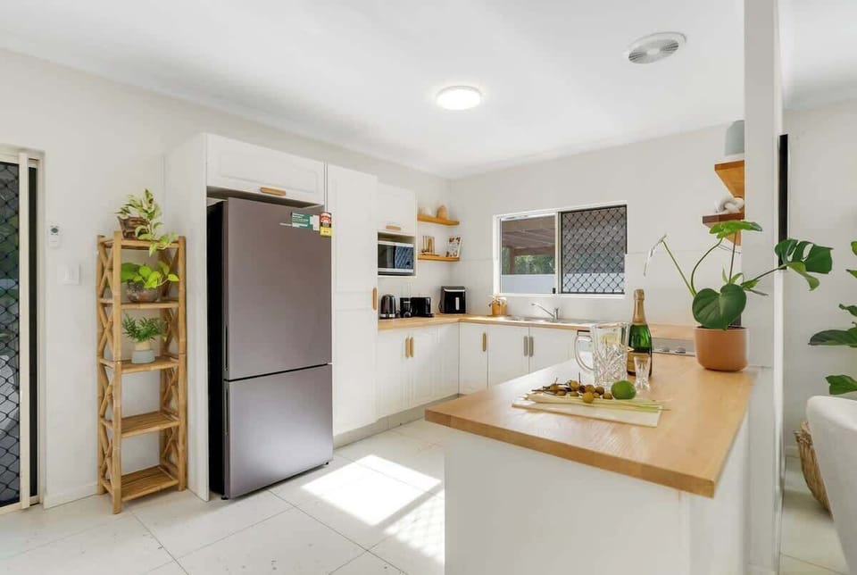 The kitchen comes well equipped for your holiday catering with everything you’ll need to prepare meals at home.