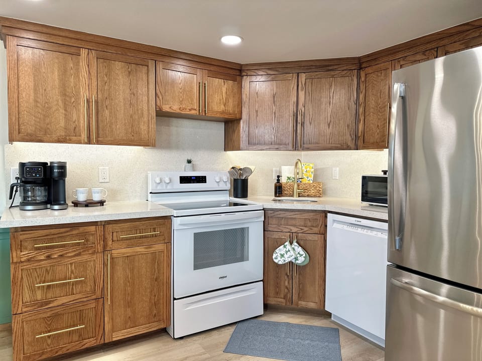 Kitchen has everything you need for a family meal. Spices, utensils, teas, etc