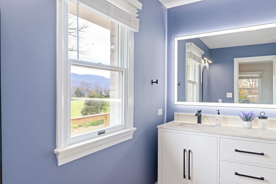 View from the master bath with blinds for privacy.