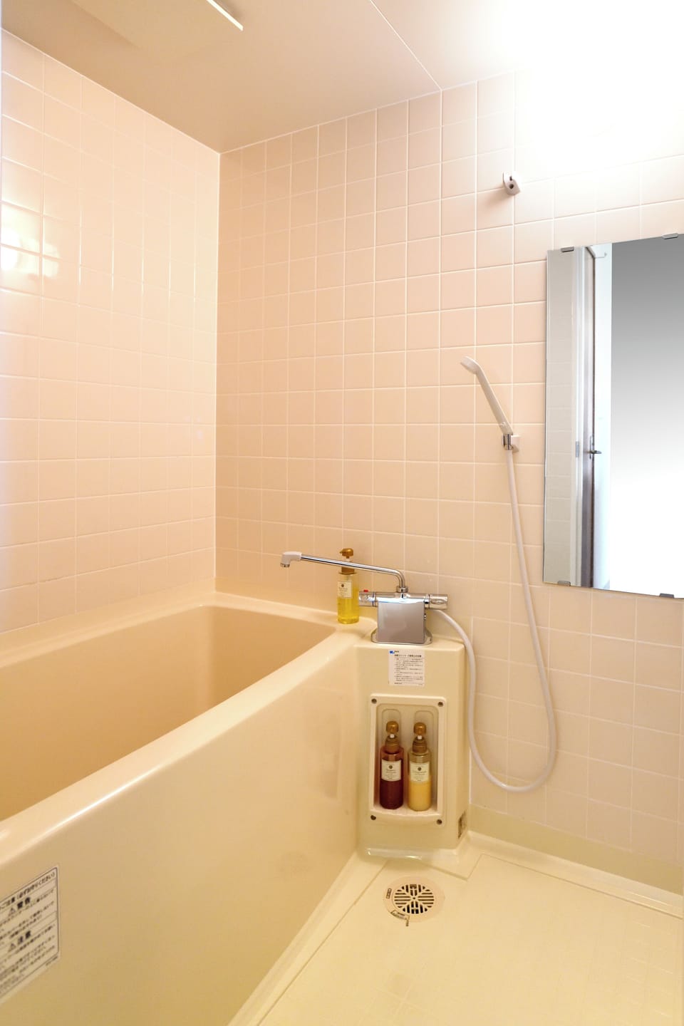 Combined shower/tub, hair dryer, slippers, bidet