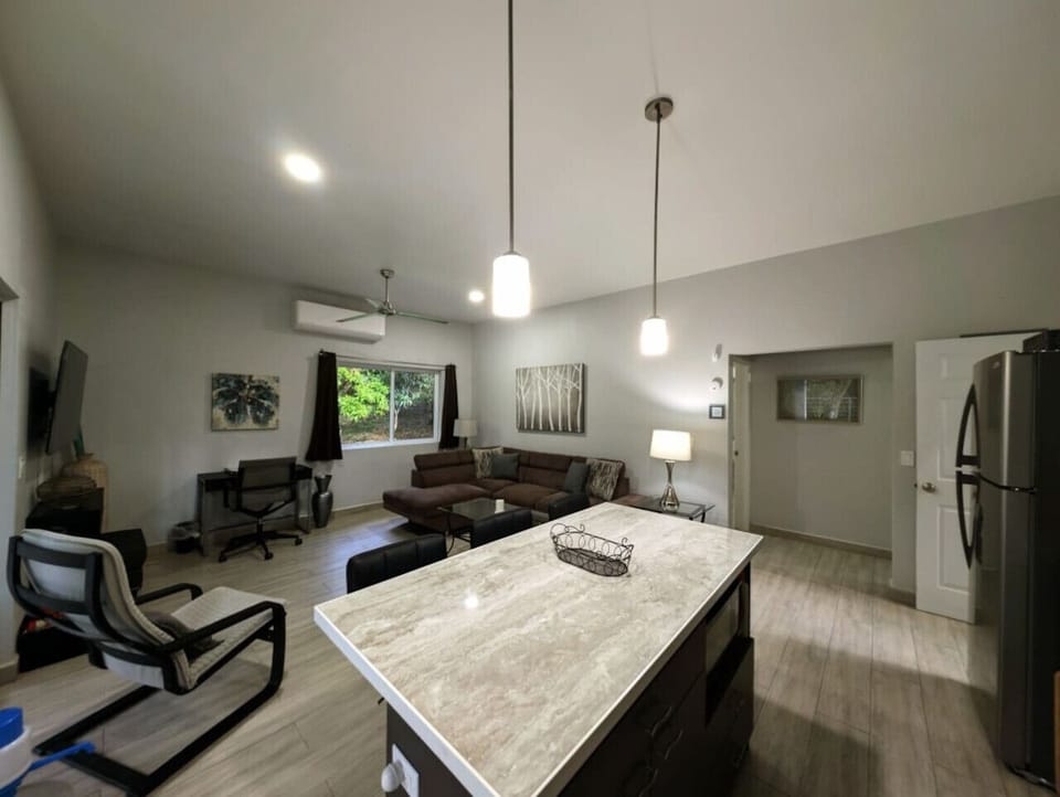 Comfortable living room area & kitchen