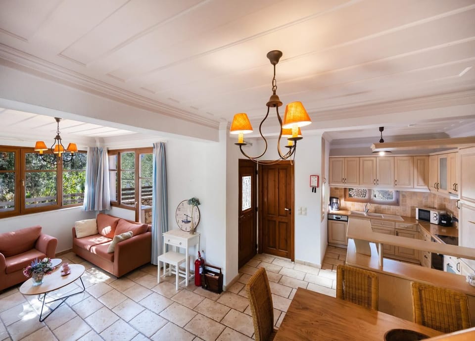 Open-plan living room with sofa, dining area, kitchen, WiFi internet, and satellite TV