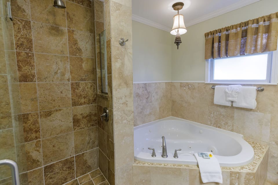 Deluxe Room, 1 Queen Bed, Non Smoking, Private Bathroom | Bathroom | Combined shower/tub, hair dryer, towels, soap