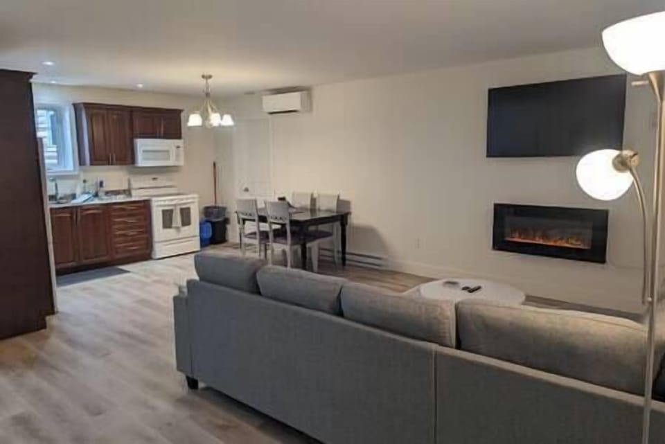 Living area with fireplace and TV